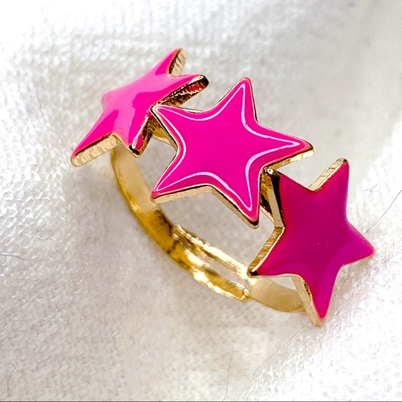 ❣️$25/3❣️ Shocking Pink Enamel Stars Adjustable Ring - Picture 3 of 8